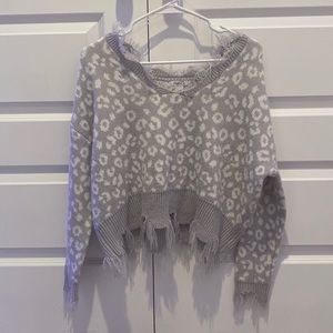 grey and white leapoard print oversized cropped sweater